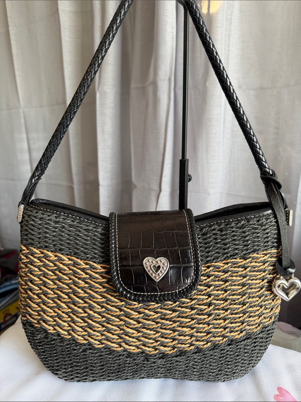 Brighton Black and Natural Braided Straw Shoulder Bag with Heart Charm
